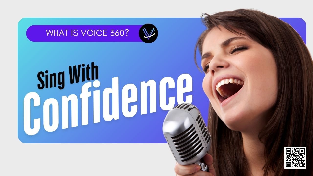 Video thumbnail to describe the video explaining what is Voice 360 and how it can help anyone looking to improve their singing. The video is titled What is Voice 360, sing with confidence and has a QR code to quickly get more information on enrolling in V360.