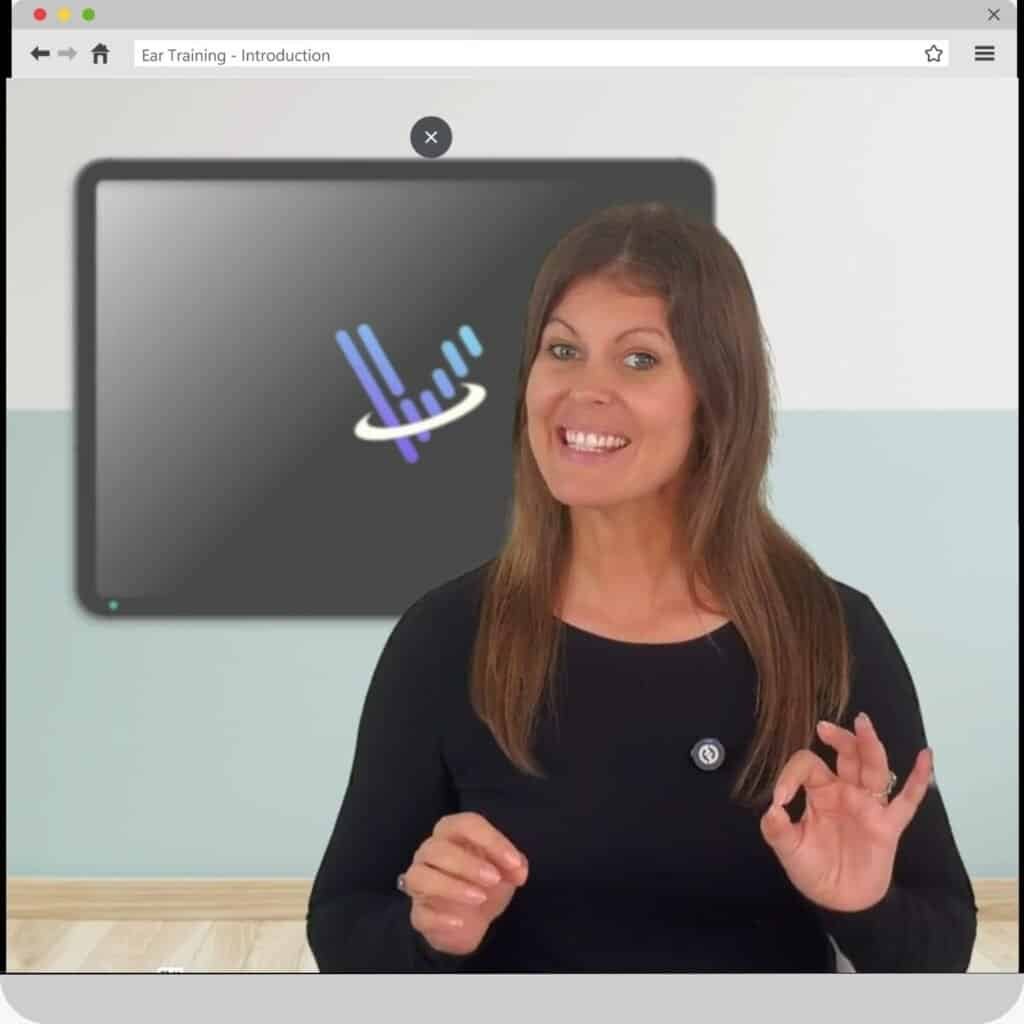 Meghan McCall introduces the Voice 360 Ear Training course, smiling in front of a digital screen with the V360 logo.