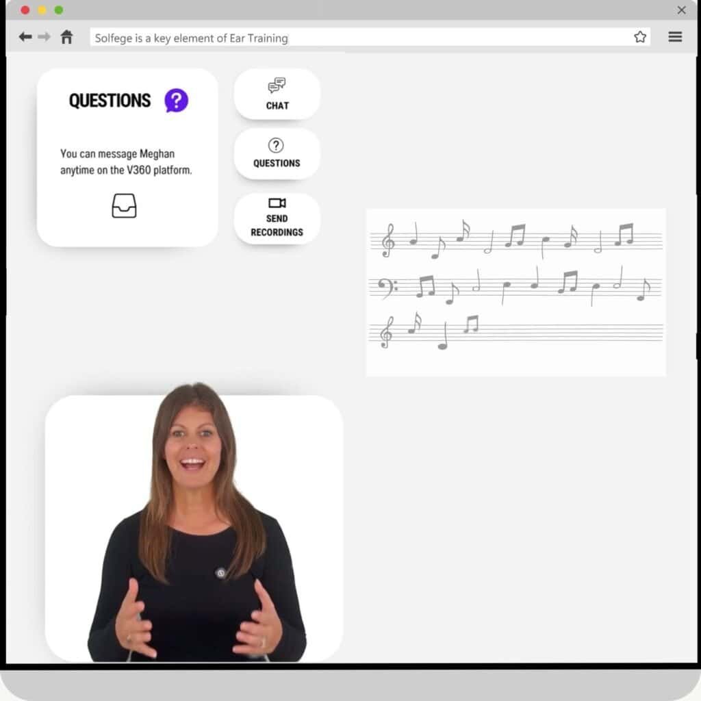 Meghan McCall teaches solfège in the Voice 360 Ear Training course, with sheet music on the right and interactive options to chat, ask questions, or send recordings through the platform.
