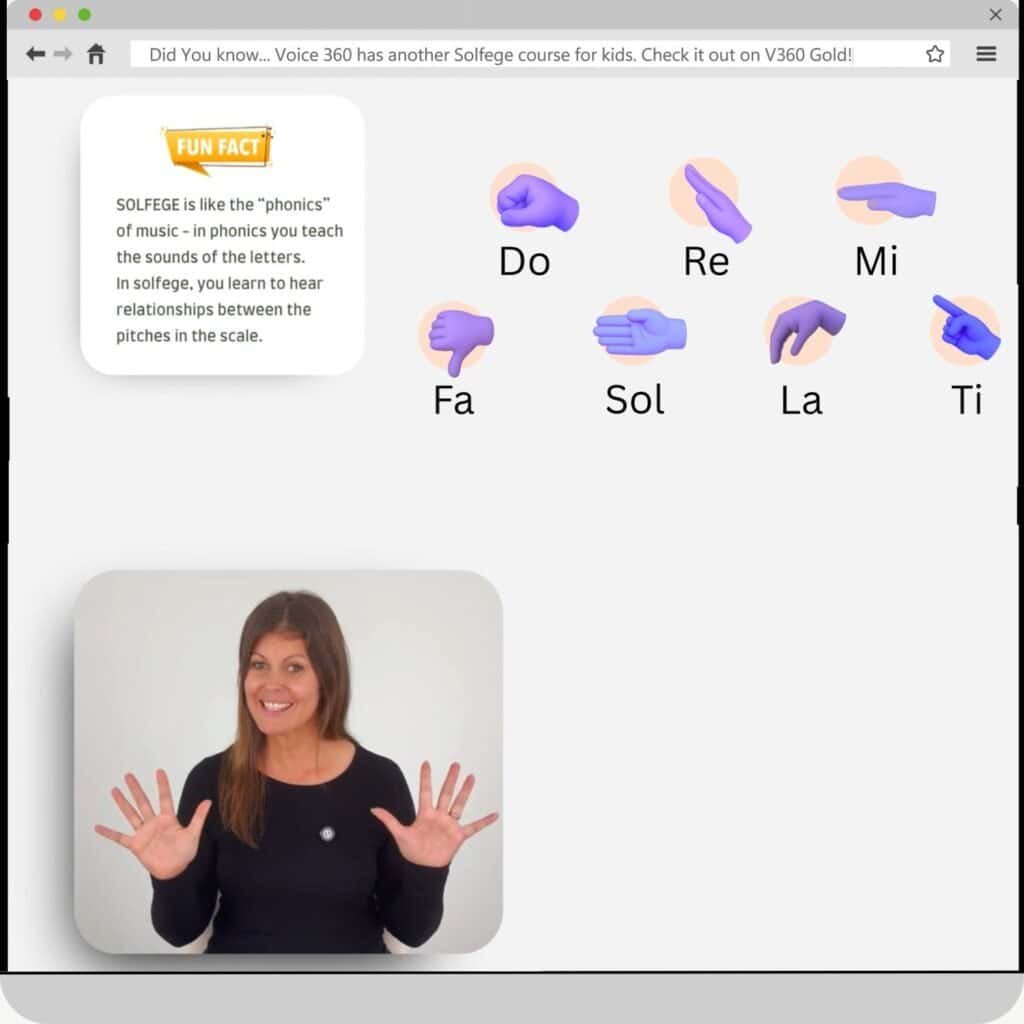 Instructor Meghan McCall introduces solfège hand signs (Do, Re, Mi, Fa, Sol, La, Ti) with a fun fact comparing solfège to the phonics of music.