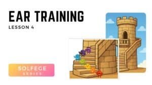 Cartoon solfège characters climbing castle stairs in Voice 360 ear training lesson