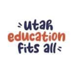 Utah Education Fits All logo with playful handwritten-style font in navy blue and orange on a transparent background.