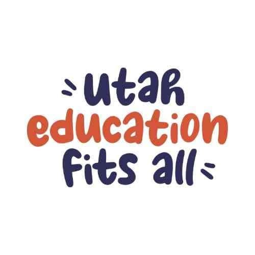 Utah Education Fits All logo with playful handwritten-style font in navy blue and orange on a transparent background.