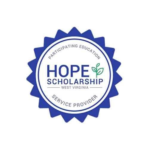 West Virginia Hope Scholarship logo in a blue circular seal with the words “Participating Education Service Provider” around the edge and “Hope Scholarship West Virginia” in the center with a green sprout icon.