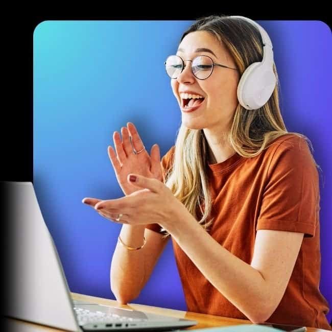 Smiling homeschool teen learning singing online with headphones