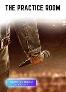 Singer holding a microphone on stage – Voice 360 Practice Room guided singing lessons