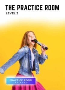 Smiling teen girl singing with microphone in Voice 360 Practice Room Level 2 lesson