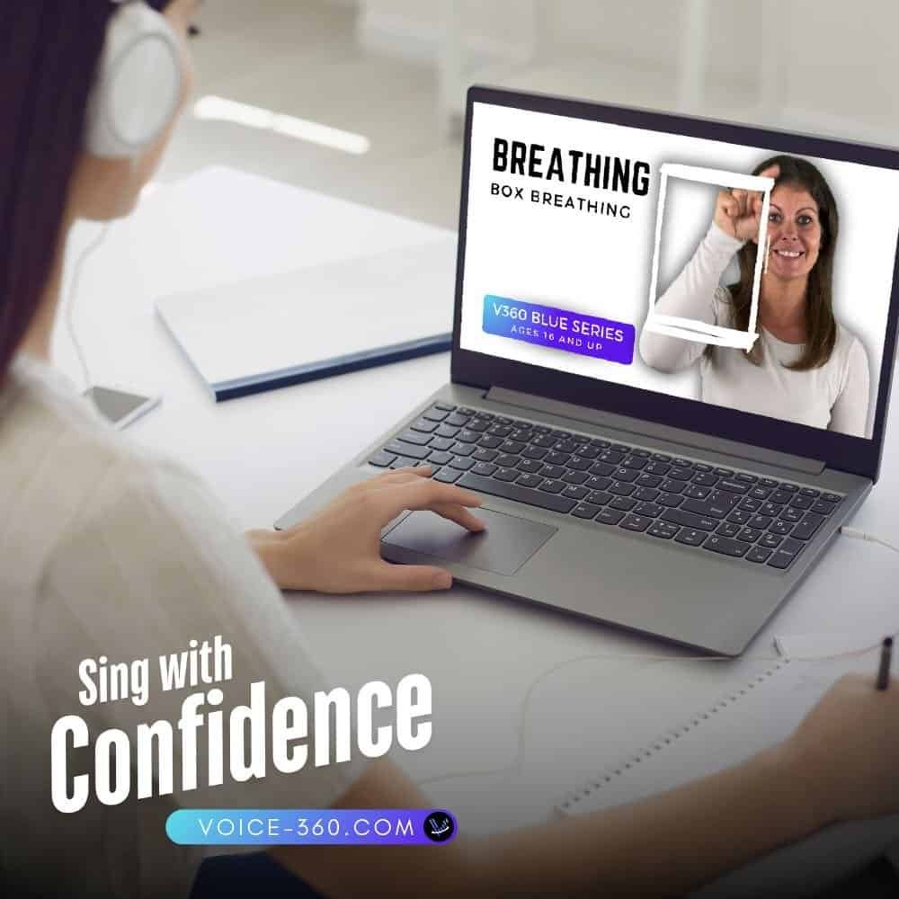 Voice 360 partnerships – student learning singing online with Blue Series breathing lesson