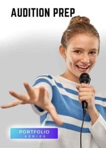 Teen girl singing confidently with microphone for Voice 360 Audition Prep Portfolio course