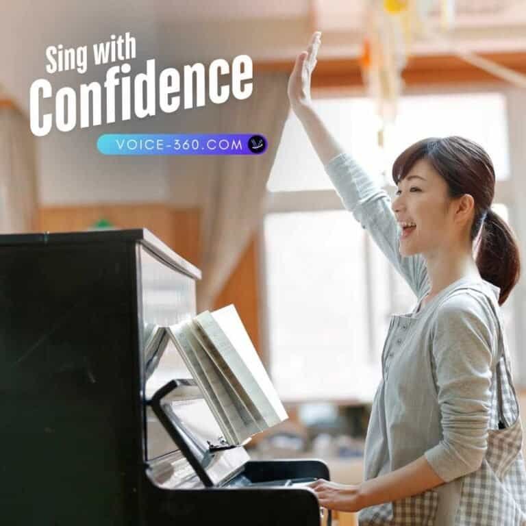 Vocal coach leading singing lesson at piano with raised hand