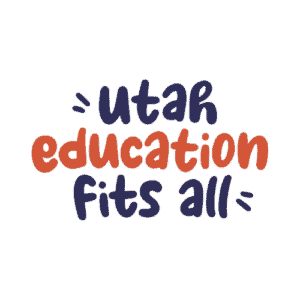 Utah Education Fits All logo with playful handwritten-style font in navy blue and orange on a transparent background.