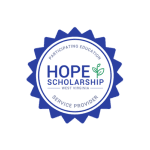 West Virginia Hope Scholarship logo in a blue circular seal with the words “Participating Education Service Provider” around the edge and “Hope Scholarship West Virginia” in the center with a green sprout icon.